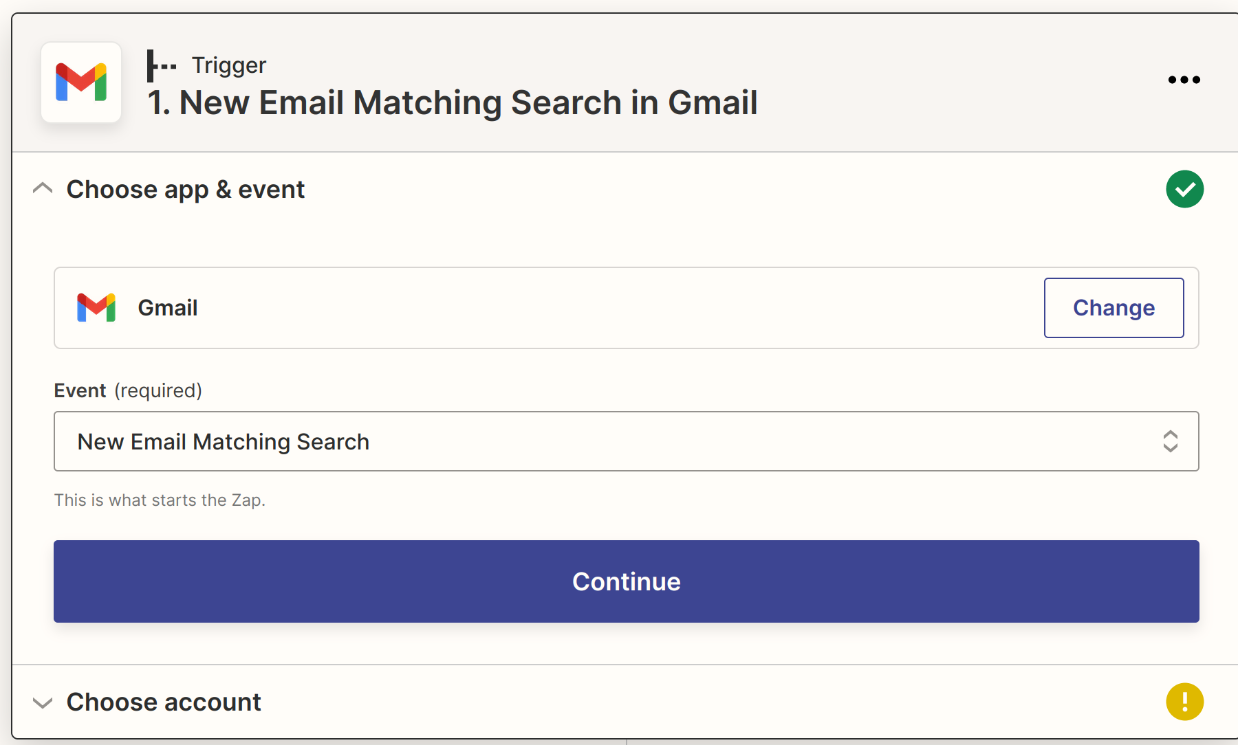 Choose App &quot;Gmail&quot; and event &quot;New Email Matching Search&quot;