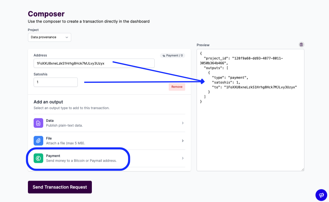 Send payment transaction with mintBlue Composer