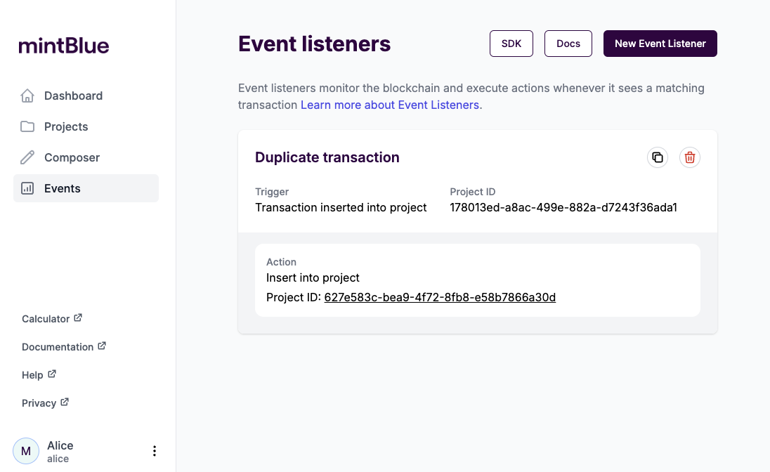 The event listener overview in the mintBlue Console